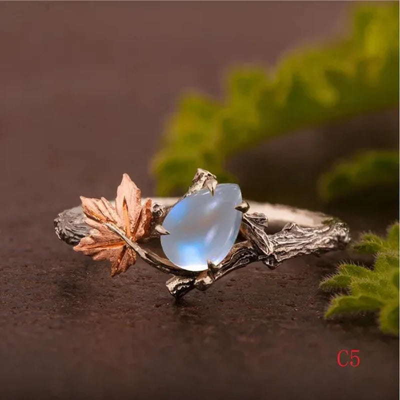 Vintage Maple Leaves & Flower Ring Set Antique Silver Women'S Fashion Twig Leaf Opal & Moonstone Ring Anniversary Gift Engagement Bridal Wedding Jewelry Rings Size 5-10