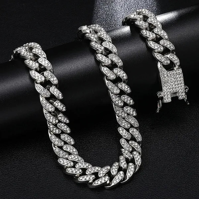 3 Colors 13MM Iced Out Chain Hip Hop Watch Necklace Bracelet Bling Miami Cuban Link Chain Mens Jewelry Set Relojes Hombre
