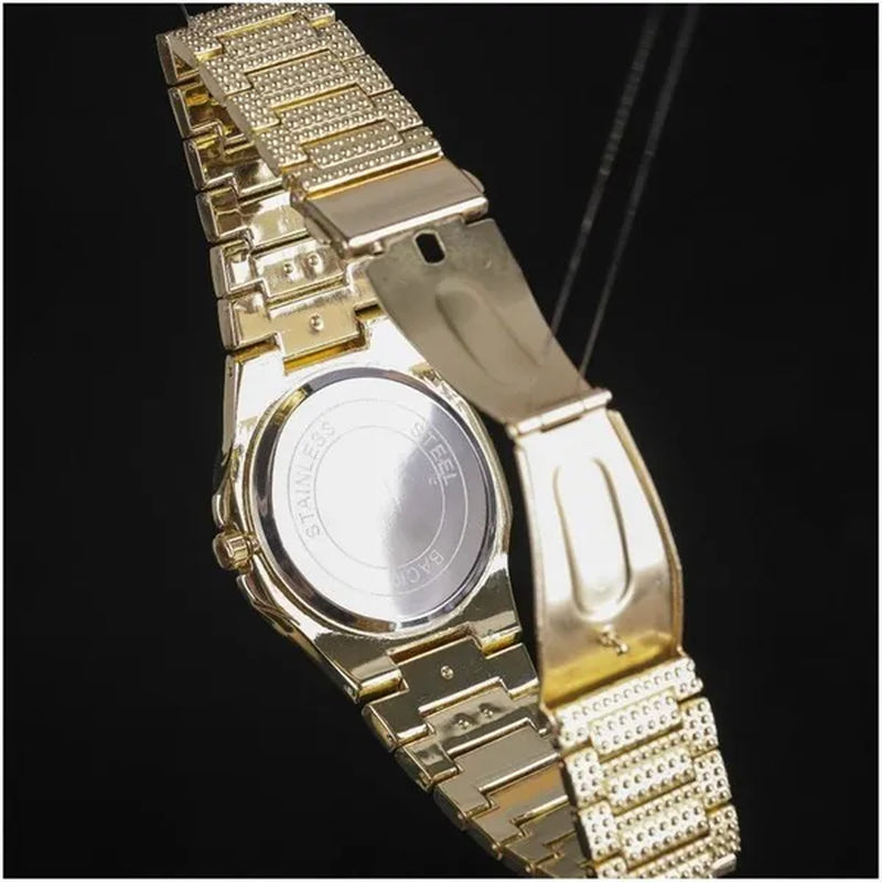 2 Pcs/set Luxury Full Iced Out Watch Mens Cuban Link Chain Bracelet Watch Bling Jewelry for Men Big Gold Chains Hip Hop Men Watch Set