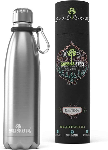 Stainless Steel Water Bottle - 17 Oz, Steel | Vacuum Insulated Double Wall with Screw Lid/Leak Proof | Thermal Travel Sports Canteen Coffee Flask
