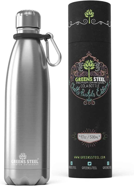 Stainless Steel Water Bottle - 17 Oz, Steel | Vacuum Insulated Double Wall with Screw Lid/Leak Proof | Thermal Travel Sports Canteen Coffee Flask