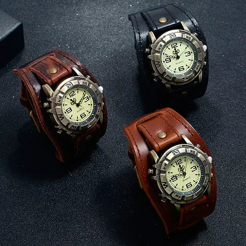 Vintage Retro Big Wide Genuine Leather Strap Watch Men Punk  Quartz Cuff Watch Wristwatches Bracelet Bangle Relogio Masculino