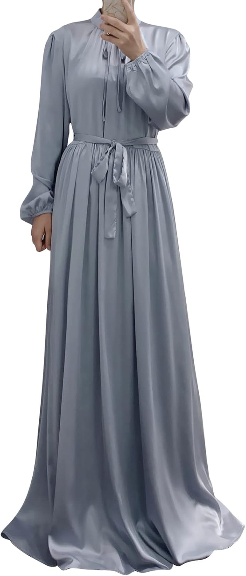 Women'S Muslim Kaftan Abaya Prayer Dress Long Sleeve Self Tie Maxi Dress Middle East Arabian Robe Gown