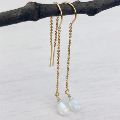 Moonstone Threader Earrings, Rainbow Moonstone Earrings, Minimalist Jewelry, Pull Through Chain Ear Threader, Summer Earrings, Gift for Her