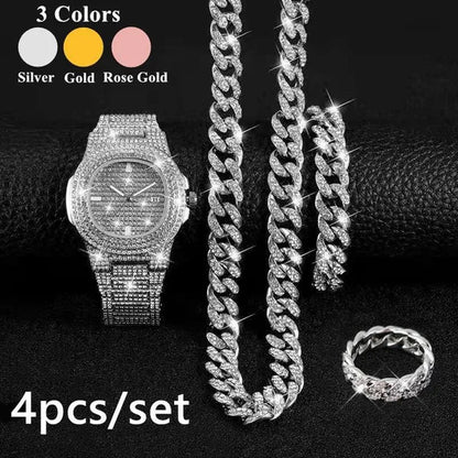 Fashion Gold Stainless Steel Hip Hop Jewelry Iced Out Diamond Thick Miami Cuban Link Chain Necklace Bracelet Watch Ring Jewelry Set