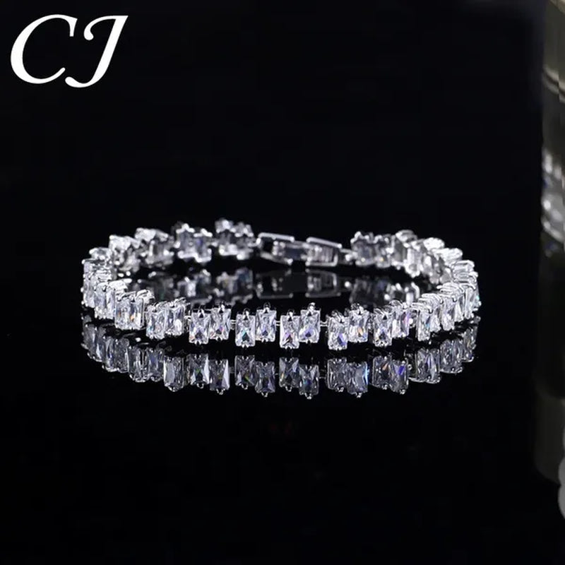 CANDICE High Quality Silver Plating Clear Rectangle CZ Setting Exquisite Women Dinner Party Green Tennis Bracelet Jewelry with Extended Clasp