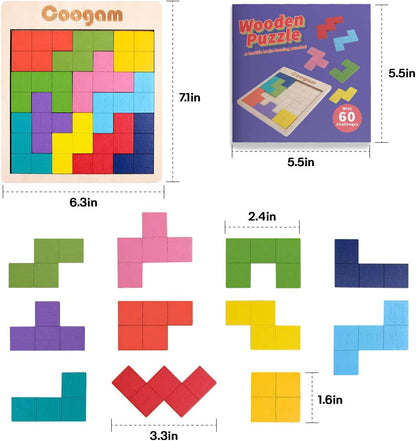 Wooden Puzzle Pattern Blocks Brain Teasers Game with 60 Challenges, 3D Russian Building Toy Wood Tangram Shape Jigsaw Puzzles Montessori STEM Educational Toys Gift for Kids Adults