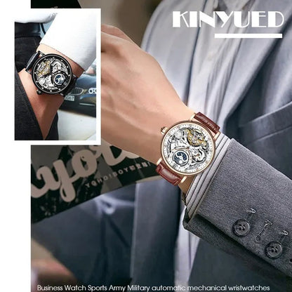 KINYUED Mechanical Automatic Watch Men Tourbillon Wristwatch Sports Clock Mechanism Self Winding Watches Casual Moon Horloge Man Watches