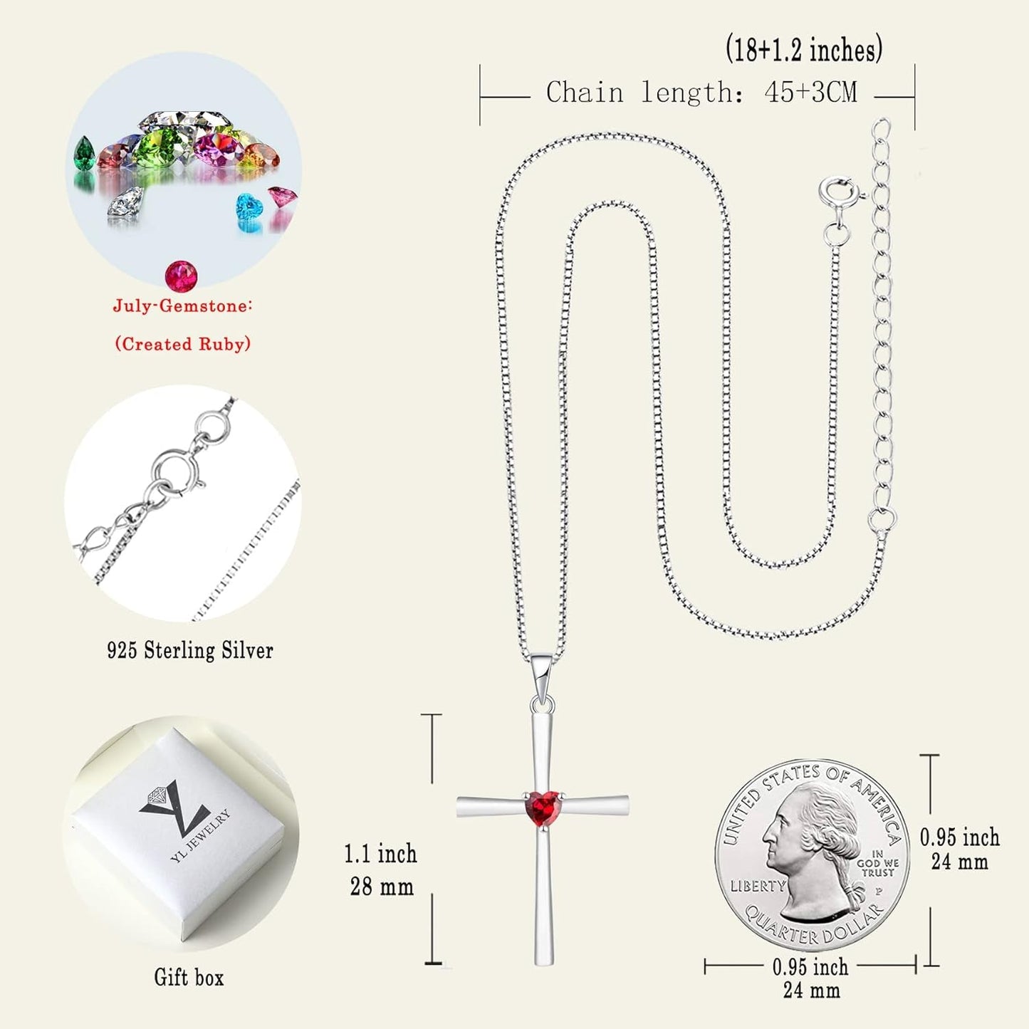 Women'S Cross Necklace 925 Sterling Silver Crucifix Pendant Heart Cut Birthstone Criss Jewelry