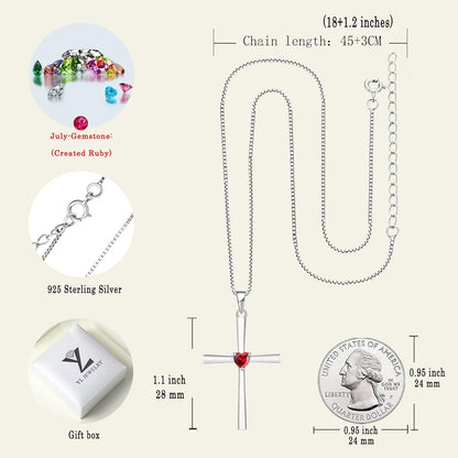 Women'S Cross Necklace 925 Sterling Silver Crucifix Pendant Heart Cut Birthstone Criss Jewelry