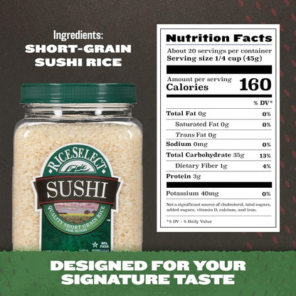 Sushi Rice for Sushi and Japanese Food, Premium Gluten-Free Short-Grain Rice, Non-Gmo, 32-Ounce Jar
