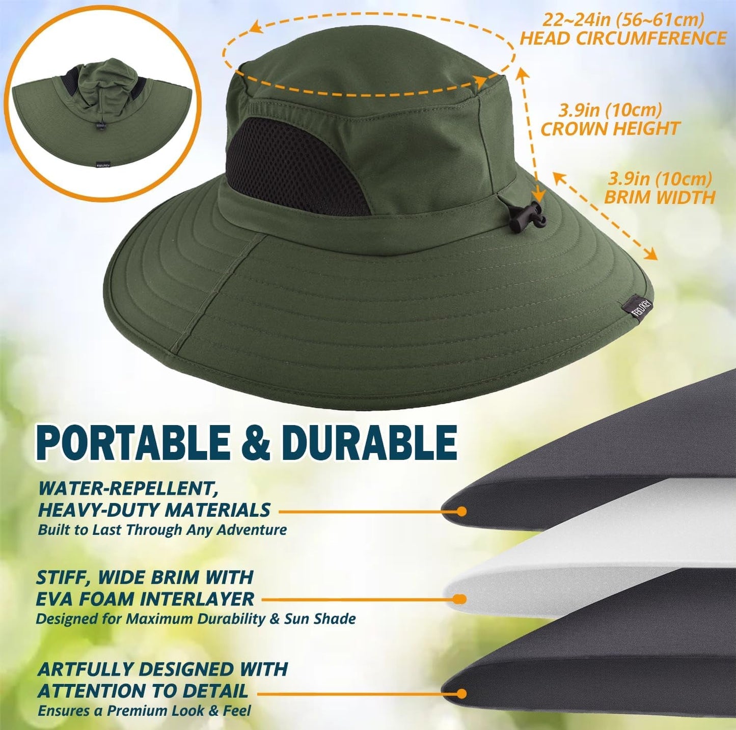 Wide Brim Sun Hat, UPF 50+ UV Protection Waterproof Packable Bucket Hat for Men & Women, Fishing Hiking Beach Garden