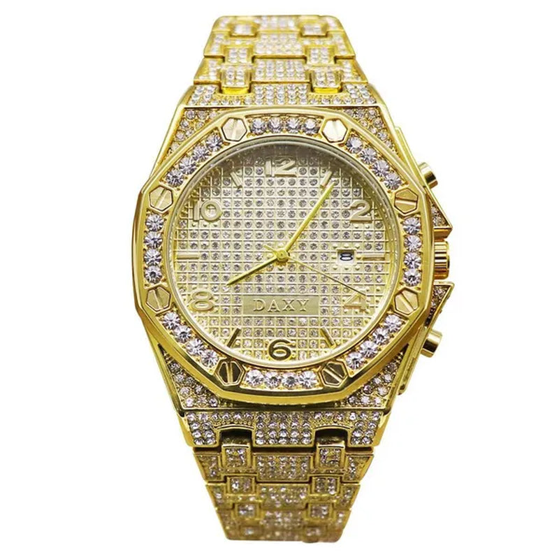 Mens Fashion Watches Luxury Gold Analog Watch Calender Man Hip Hop Bracelet Watch Diamond Quartz Wristwatches