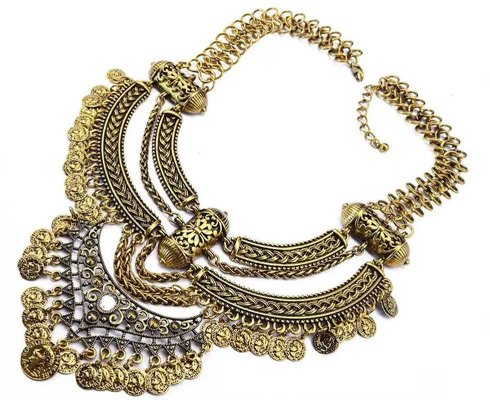 Vintage Silver Gold Chains Fine Jewelry Coins Tassel Choker Necklace Women Big Flower Moon Statement Necklace