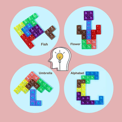 Wooden Blocks Puzzle Brain Teasers Toy, Intelligent Colorful 3D Plastic Blocks Game with Vertical Wood Frame Game Board, Tangram Educational Montessori Toys Gift for Kids Age 4-8 Years Old