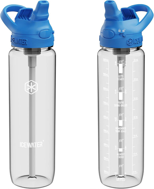 '- 32 Oz Plastic Water Bottle with Straw and Carry Handle, Leakproof Lockable Auto Straw Lid, One-Hand Operation, Motivational Time Marker, Bpa-Free (32 Oz, Blue-Clear)