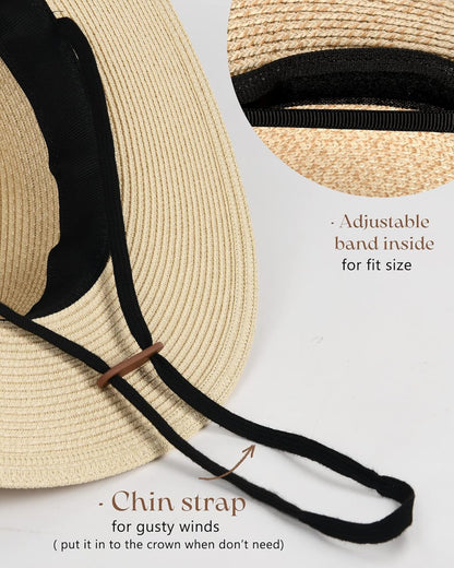 Womens Mens Wide Brim Straw Panama Hat Fedora Summer Beach Sun Hat UPF Straw Hat for Women