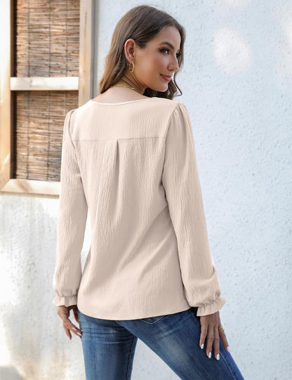 Womens Tops Dressy Casual Long Sleeve Shirts V Neck Chiffon Blouses Fall Clothes 2024