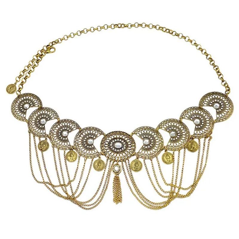 Women Belly Dance Belt Waist Metal Crystal Coin Tassel Body Chain Jewelry