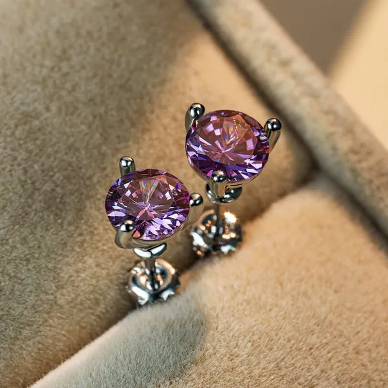 Chic 18K Gold Three-Prong Martini Round Amethyst Stud Earrings Bride Wedding Engagement Jewelry Gifts 6mm/7mm/8mm
