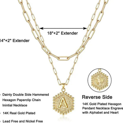 Dainty Layered Initial Necklaces for Women, 14K Gold Plated Paperclip Chain Necklace Simple Cute Hexagon Letter Pendant Initial Choker Necklace Gold Layered Necklaces for Women