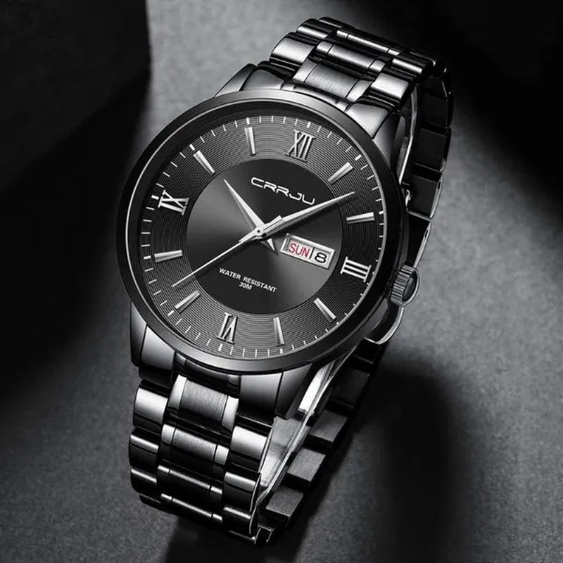 CRRJU Men's Minimalist Leisure Luxury Automatic Dating Watch Fashion Business Japanese Movement Quartz Waterproof Watch Men's Silver Stainless Steel Watch Band