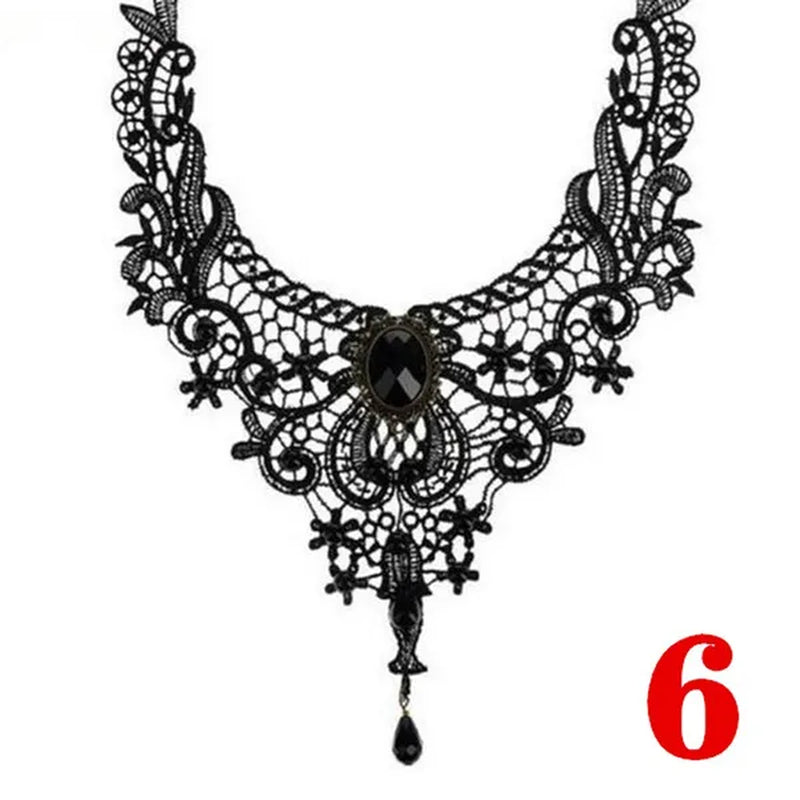 1 PCS Black Lace Necklace Chokers Vintage Style Female Gothic Wedding Red Rose Crystal Diamond Pendant Collarbone Necklace Chain Accessories for Women Girls(10 Style)