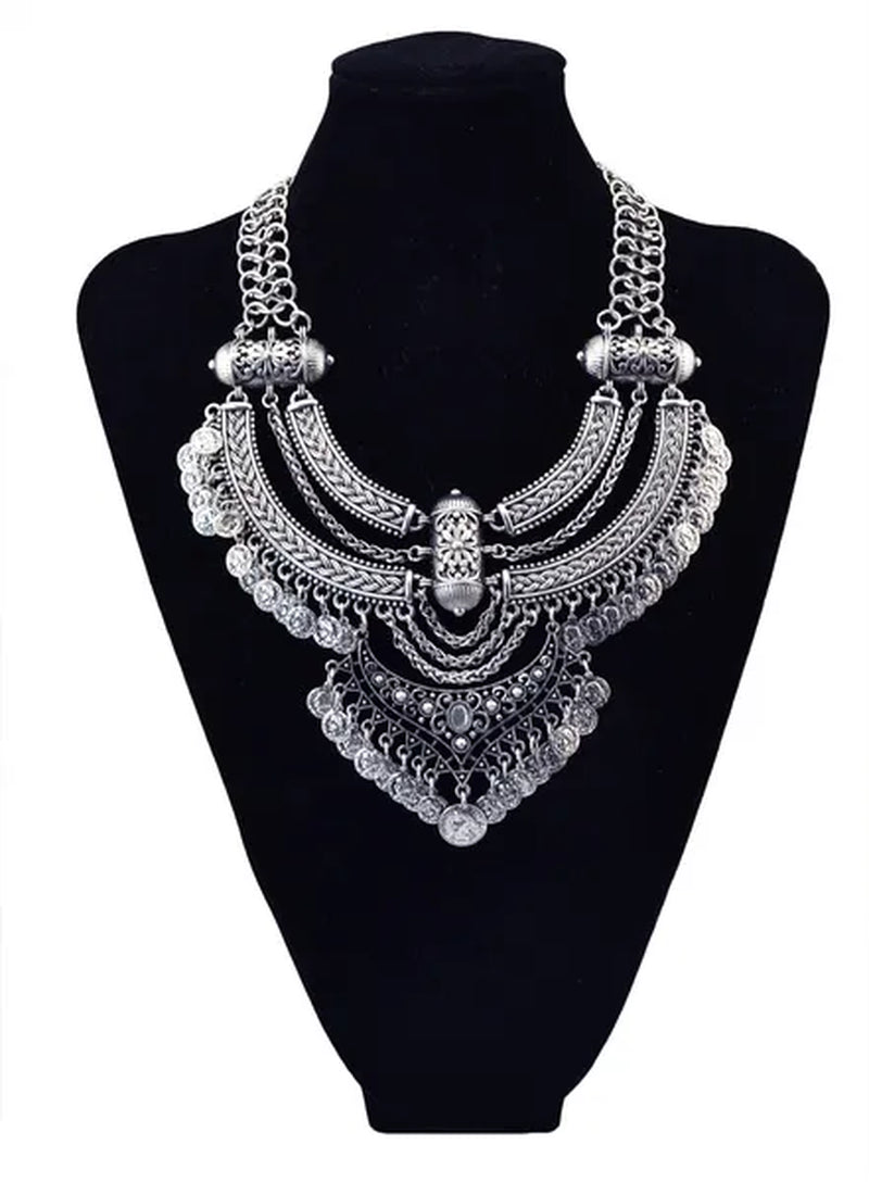 Vintage Silver Gold Chains Fine Jewelry Coins Tassel Choker Necklace Women Big Flower Moon Statement Necklace