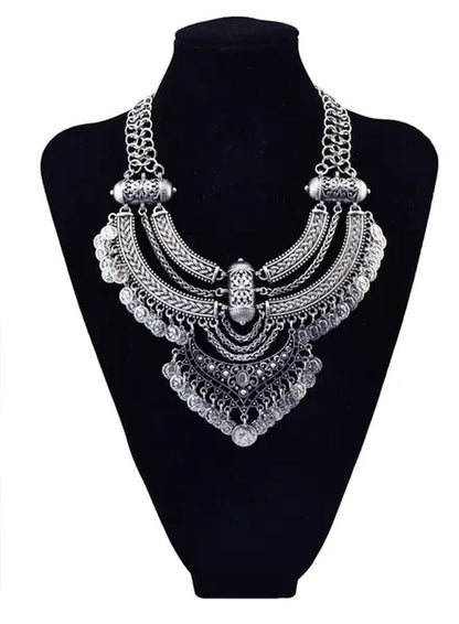 Vintage Silver Gold Chains Fine Jewelry Coins Tassel Choker Necklace Women Big Flower Moon Statement Necklace