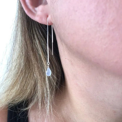 Moonstone Threader Earrings, Rainbow Moonstone Earrings, Minimalist Jewelry, Pull Through Chain Ear Threader, Summer Earrings, Gift for Her