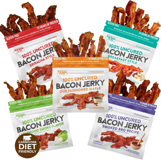 Bacon Jerky Variety Pack, Tender, Flavorful, Easy to Chew Bacon Jerky with up to 24G Protein per Bag, Gift Basket for Men, Unique Gifts for Men, Food Gifts (5 Bags)