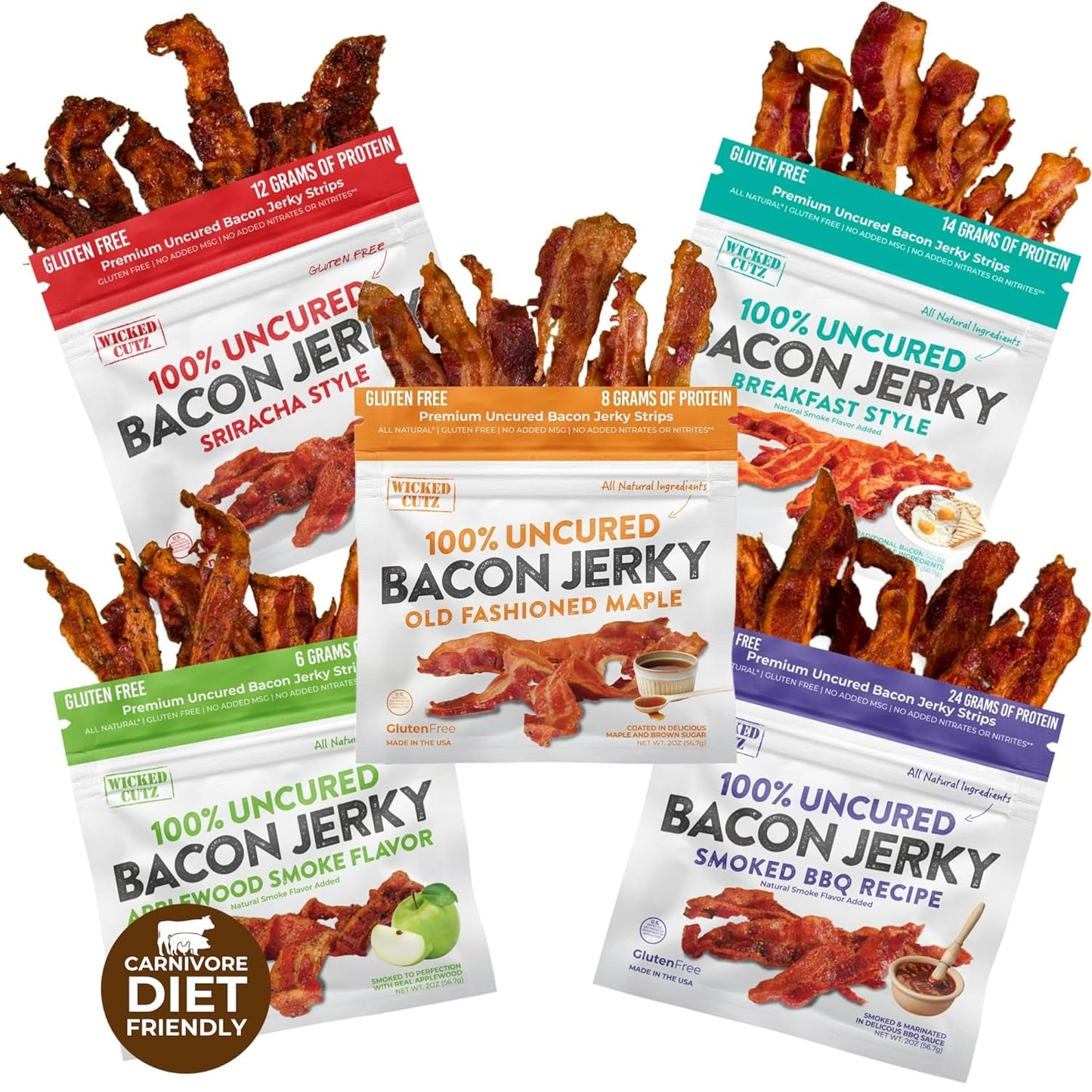 Bacon Jerky Variety Pack, Tender, Flavorful, Easy to Chew Bacon Jerky with up to 24G Protein per Bag, Gift Basket for Men, Unique Gifts for Men, Food Gifts (5 Bags)
