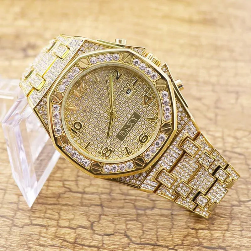 Mens Fashion Watches Luxury Gold Analog Watch Calender Man Hip Hop Bracelet Watch Diamond Quartz Wristwatches