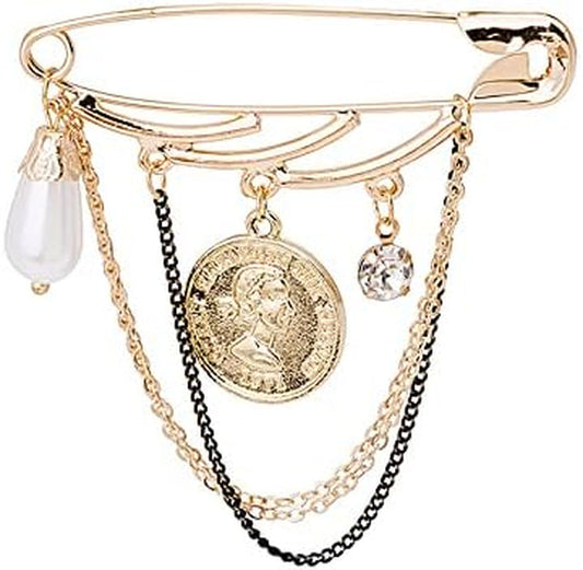Paper Clip Long Chain Tassel Brooch Pin Waterdrop Pearl Crystal Dangle Lapel Pin Gold Coin Badge Brooch for Women Men Girls Sweater Shawl Clips Collar Pin