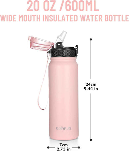 Kids Water Bottle with Straw Spout Wide Mouth Lid 20 Oz Double Walled Metal Insulated Stainless Steel Water Bottles Leak Proof with Strap Handle for Boys Girls School (Pink, 1 Lid）