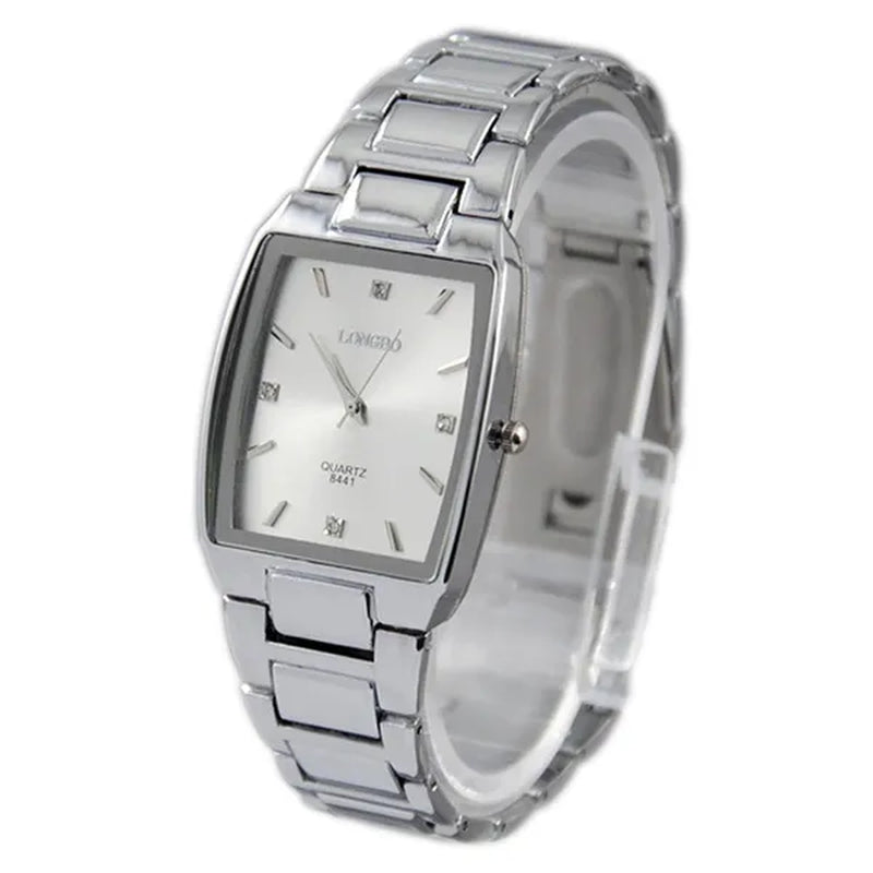 Fashion Men Stainless Steel Square Dial Quartz Wrist Watch Casual Diamond Bracelet Black White