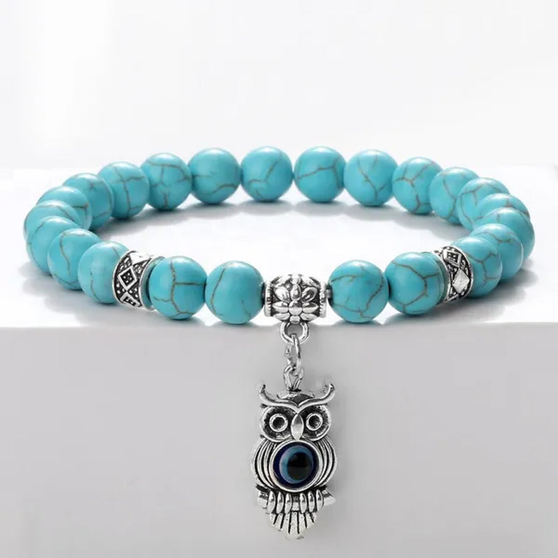 Turkey Evil Eye Beaded Bracelets Butterfly Buddhist Palm Hand Owl Turtle Alloy Pendant Bracelet Women Men Lucky Stretch Bangles Jewelry