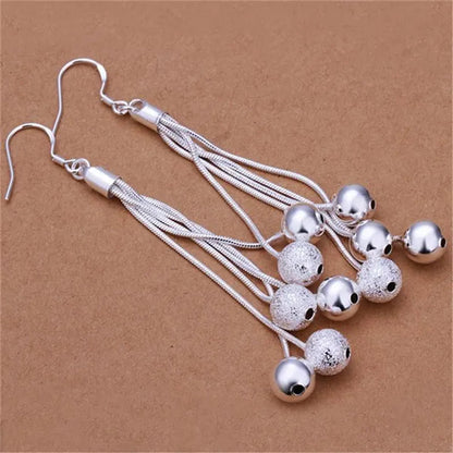 Women's Fashion 925 Sterling Silver Five-line Snake Chain Matte Smooth Bead Pendant Necklace Bracelet Earring Jewelry Set