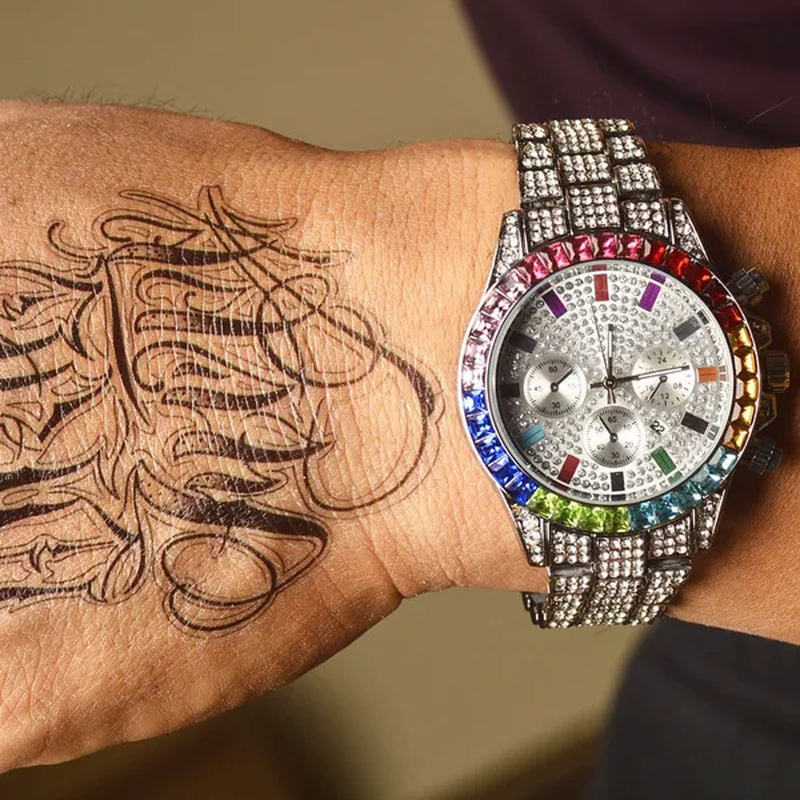 Men Watch Luxury Brand  Mens Gold men Watch Quartz Clock Chronograph colorful Diamond Steel Iced Out Watch Reloj Hombre