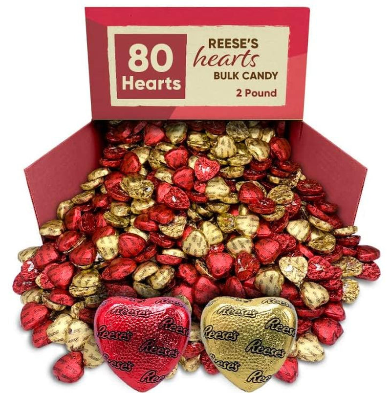 Reeces Peanut Butter Hearts Chocolate Bulk - 2 Pounds Approx 80 Hearts Gold & Red Foil - Individually Wrapped Candy Snacks - Milk Chocolate Reeces Peanut Butter Hearts - Perfect Chocolate Gift - Snacks for Adults and Kids, Ideal for Chocolate Gift Basket