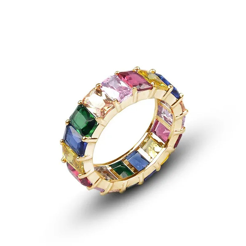 Silver Ring Colored Square Rainbow Ring Statement Crown Ring Natural Gemstones Ring Wedding Bride Engagement Band Charm Party Ring Jewelry