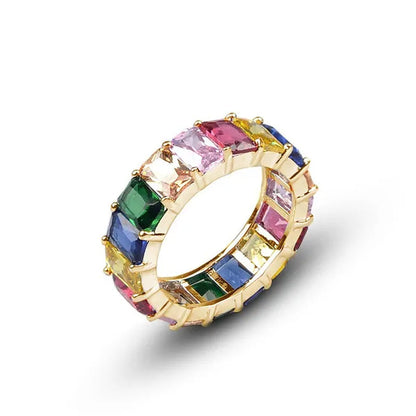 Silver Ring Colored Square Rainbow Ring Statement Crown Ring Natural Gemstones Ring Wedding Bride Engagement Band Charm Party Ring Jewelry