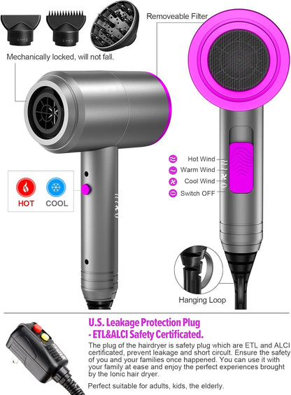 Ionic Hair Dryer, Professional Hair Blow Dryer Hot/Cold Air, 1800W Powerful AC Motor, Negative Ion Hairdryer Fast Drying, 2 Speed/3 Heating with 2 Nozzles&1 Diffuser, for Women Men Kids Salon Travel
