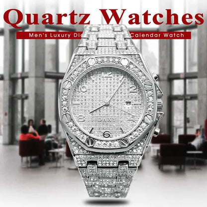 Mens Fashion Watches Luxury Gold Analog Watch Calender Man Hip Hop Bracelet Watch Diamond Quartz Wristwatches