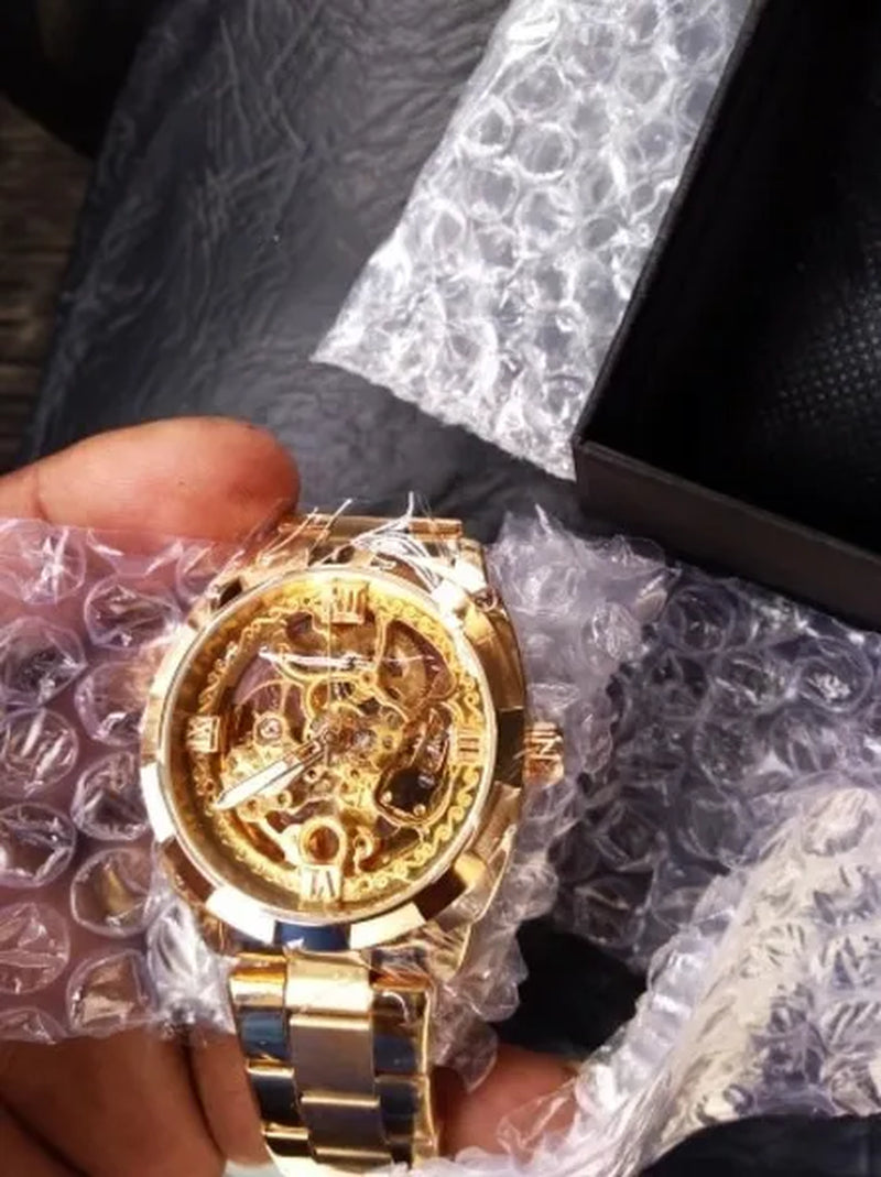 FORSINING New Top Quality Men Luxury Skeleton Automatic Winding Mechanical Watches Gold Stainless Steel Waterproof Wristwatch with Gift Box