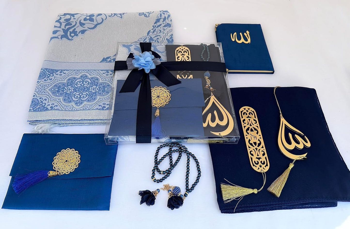 Muslim Prayer Rug, 7 in One Gift Set, Prayer Mat Surah Book, Tasbeeh, Scarf, Surah Case, Bookmark, Car Mirror Hanger, Prayer Beads,Islamic Gift for Umrah, Hajj, Wedding, Janamaz (Blue)