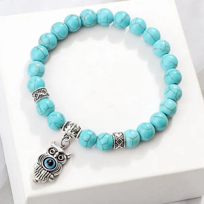 Turkey Evil Eye Beaded Bracelets Butterfly Buddhist Palm Hand Owl Turtle Alloy Pendant Bracelet Women Men Lucky Stretch Bangles Jewelry