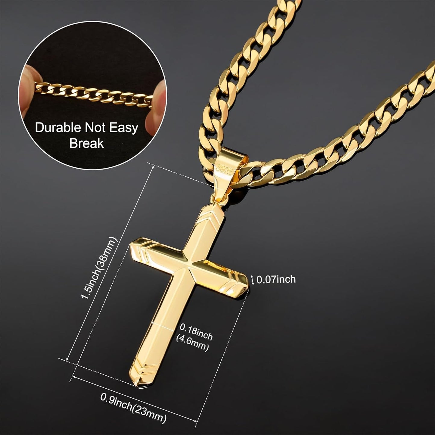 925 Sterling Silver Cross Necklace for Men, 18K Gold over Real Silver Cross Pendant Necklace with 4.5MM Durable Stainless Steel Cuban Link Curb Chain Shiny Cross Necklaces 16-28 Inches