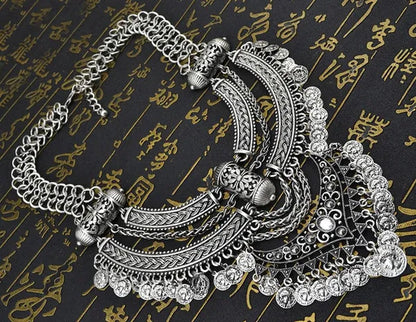 Vintage Silver Gold Chains Fine Jewelry Coins Tassel Choker Necklace Women Big Flower Moon Statement Necklace