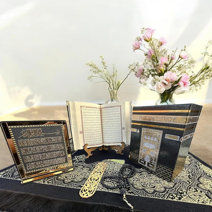 Muslim Prayer Rug, Islamic Gift Set, Velvet Full Arabic Quran, Elegant Kaaba Design Box, Ayat El Kursi Table Top, Prayer Beads, Bookmark, Janamaz, Salah Mat (KAABA)